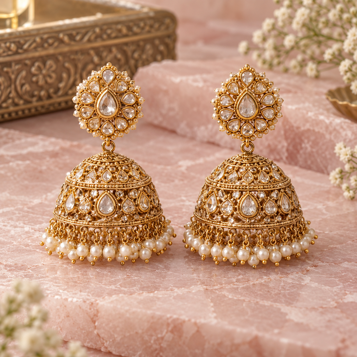 Gold pearl jhumka earrings